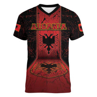 Personalized Albania Women V-Neck T-Shirt Black Double Headed Eagle - Wonder Print Shop