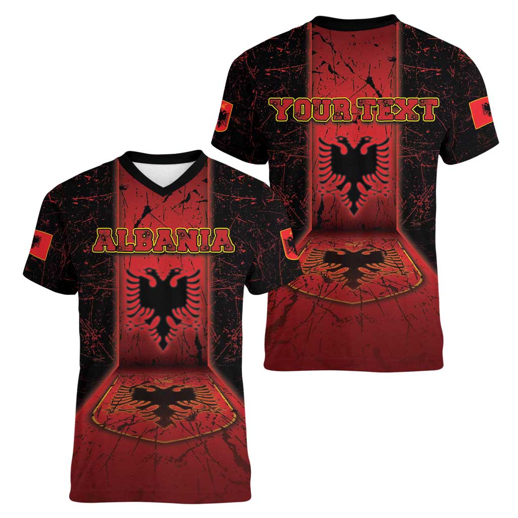 Personalized Albania Women V-Neck T-Shirt Black Double Headed Eagle - Wonder Print Shop