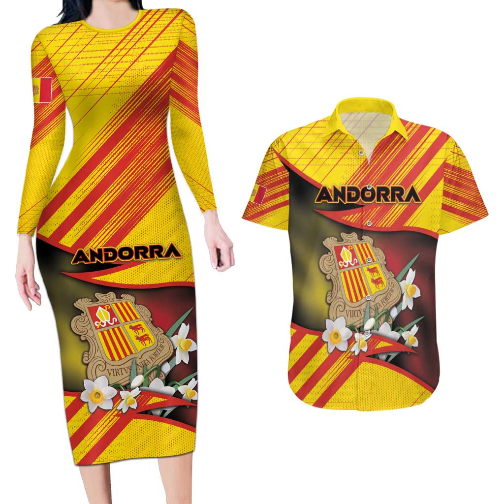 Personalized Andorra Couples Matching Long Sleeve Bodycon Dress and Hawaiian Shirt The Grandalla Flowers With Symbol - Wonder Print Shop