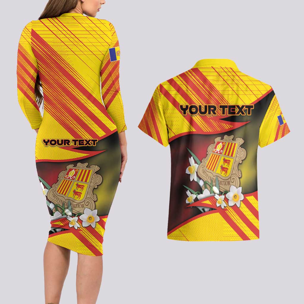 Personalized Andorra Couples Matching Long Sleeve Bodycon Dress and Hawaiian Shirt The Grandalla Flowers With Symbol - Wonder Print Shop