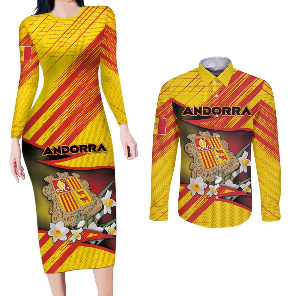 Personalized Andorra Couples Matching Long Sleeve Bodycon Dress and Long Sleeve Button Shirt The Grandalla Flowers With Symbol - Wonder Print Shop