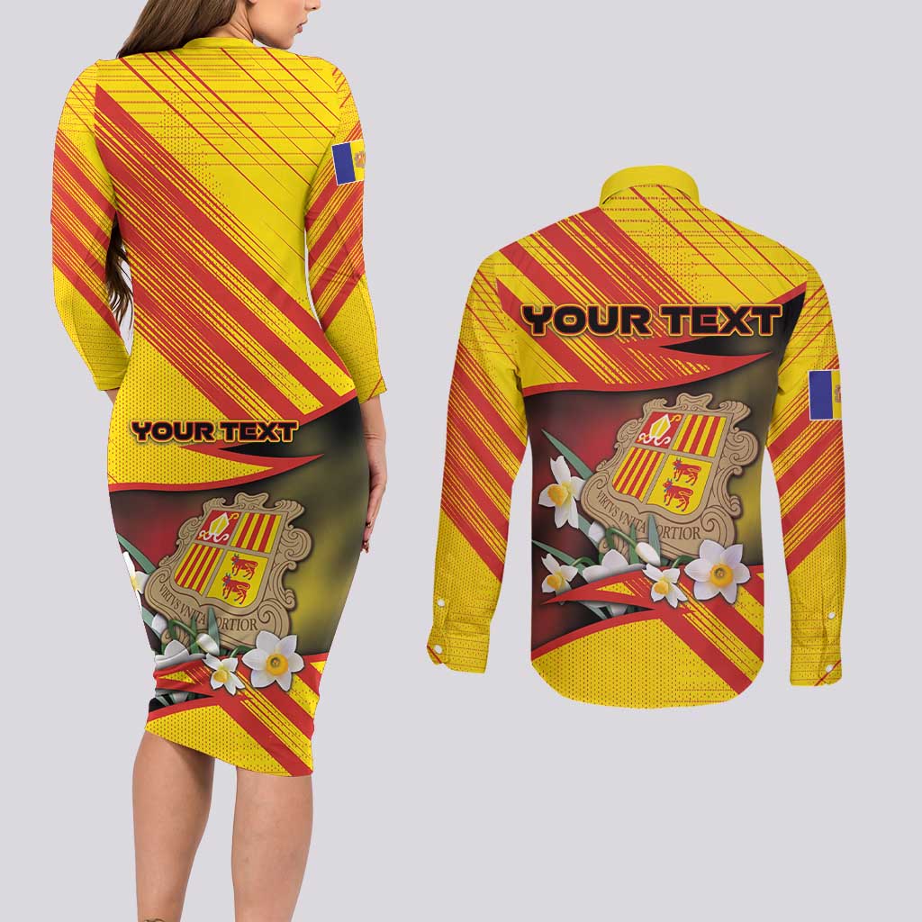 Personalized Andorra Couples Matching Long Sleeve Bodycon Dress and Long Sleeve Button Shirt The Grandalla Flowers With Symbol - Wonder Print Shop