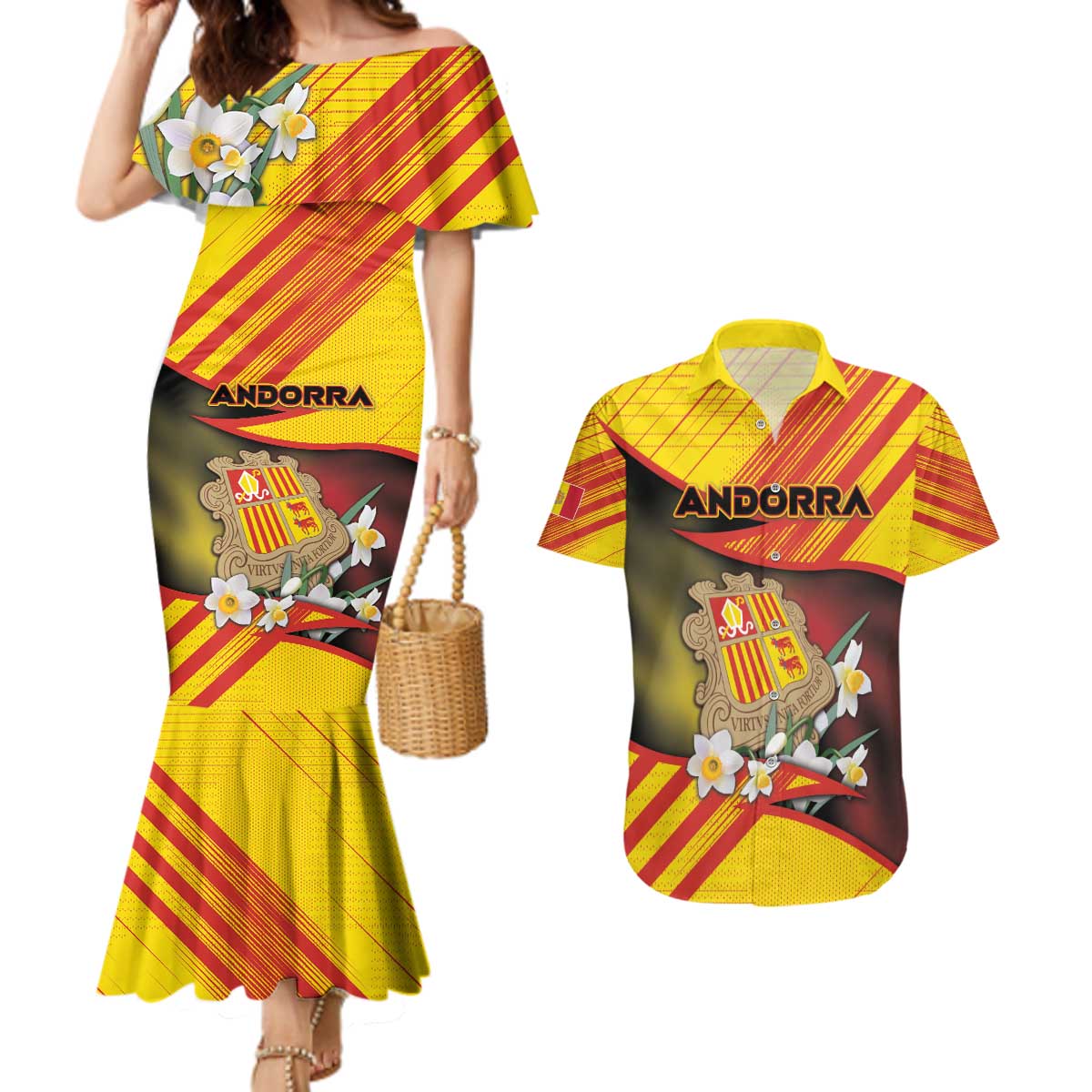 Personalized Andorra Couples Matching Mermaid Dress and Hawaiian Shirt The Grandalla Flowers With Symbol - Wonder Print Shop
