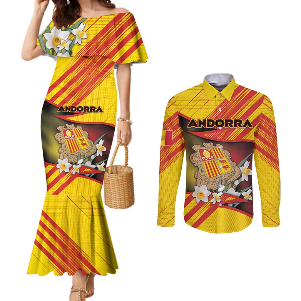 Personalized Andorra Couples Matching Mermaid Dress and Long Sleeve Button Shirt The Grandalla Flowers With Symbol - Wonder Print Shop