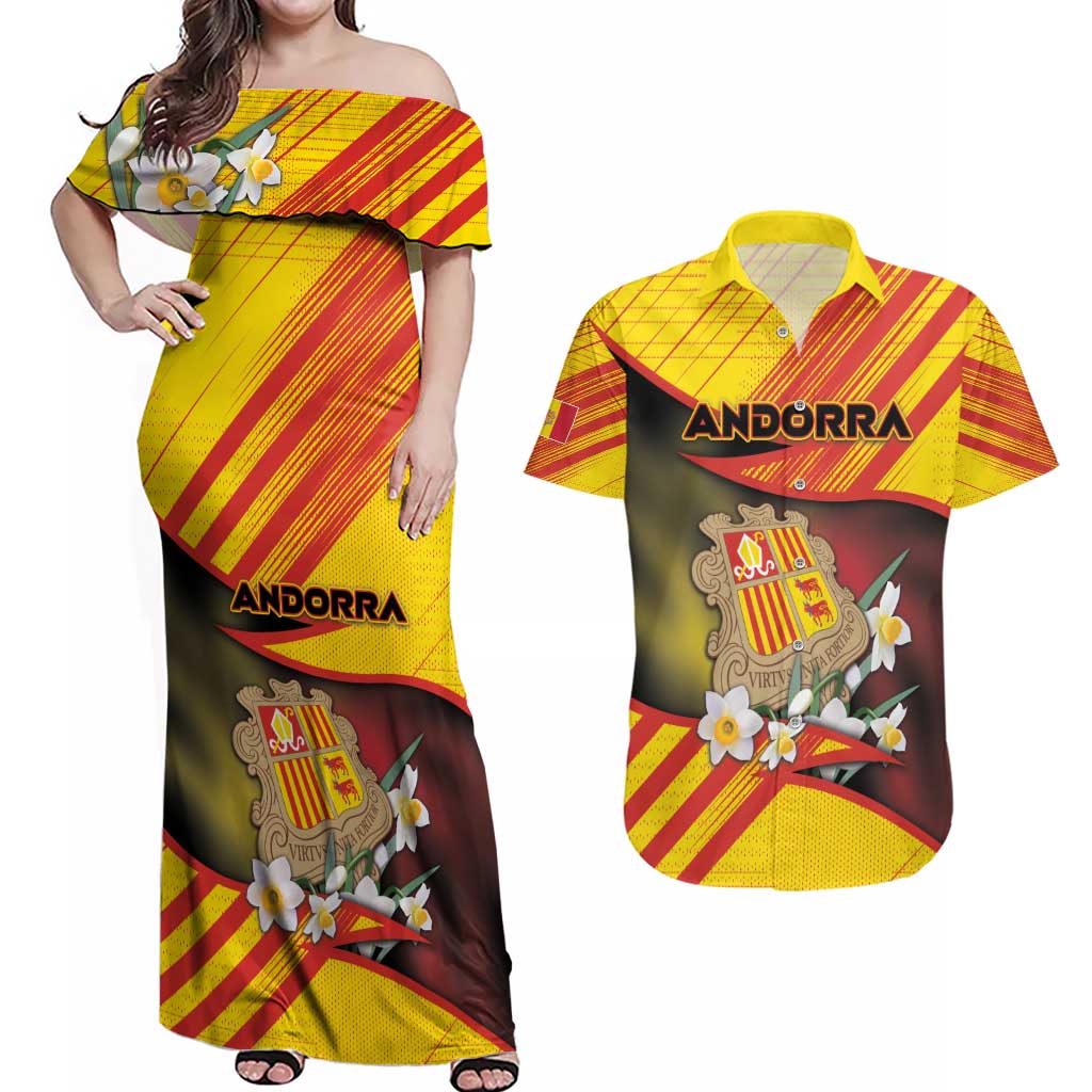 Personalized Andorra Couples Matching Off Shoulder Maxi Dress and Hawaiian Shirt The Grandalla Flowers With Symbol - Wonder Print Shop