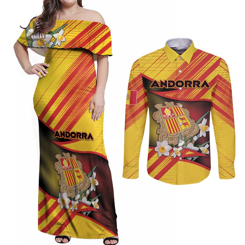 Personalized Andorra Couples Matching Off Shoulder Maxi Dress and Long Sleeve Button Shirt The Grandalla Flowers With Symbol - Wonder Print Shop