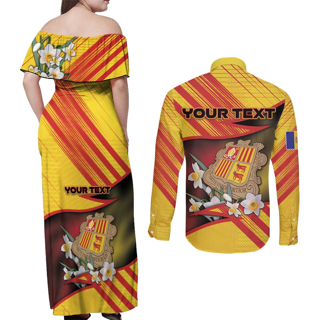 Personalized Andorra Couples Matching Off Shoulder Maxi Dress and Long Sleeve Button Shirt The Grandalla Flowers With Symbol - Wonder Print Shop