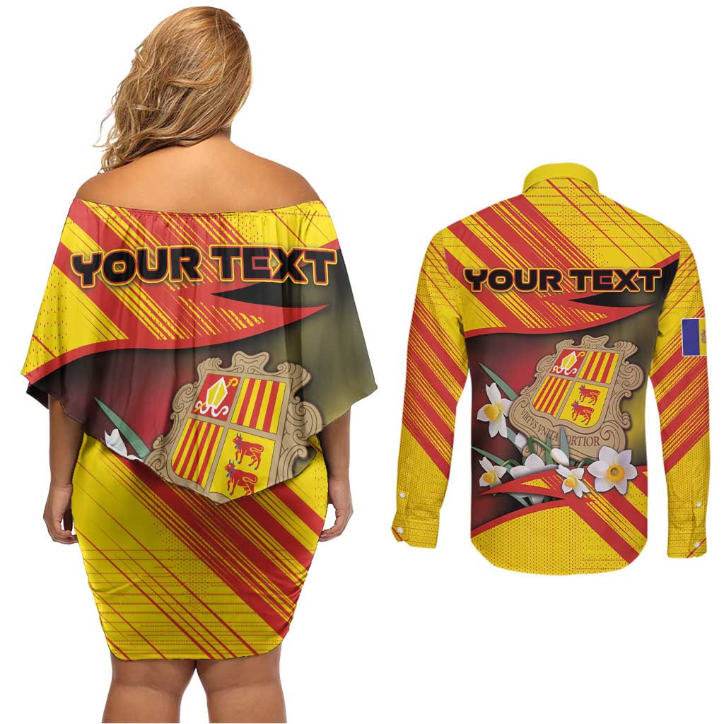 Personalized Andorra Couples Matching Off Shoulder Short Dress and Long Sleeve Button Shirt The Grandalla Flowers With Symbol - Wonder Print Shop