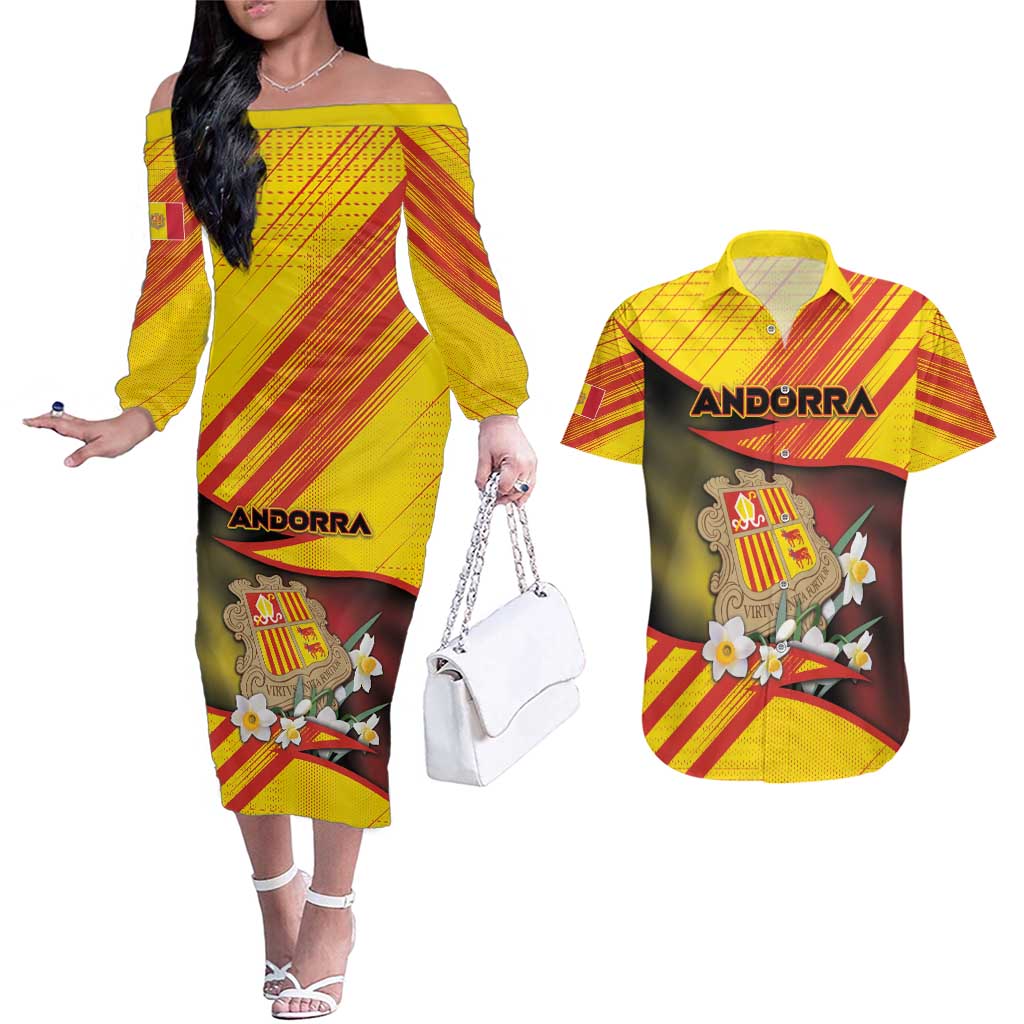 Personalized Andorra Couples Matching Off The Shoulder Long Sleeve Dress and Hawaiian Shirt The Grandalla Flowers With Symbol - Wonder Print Shop