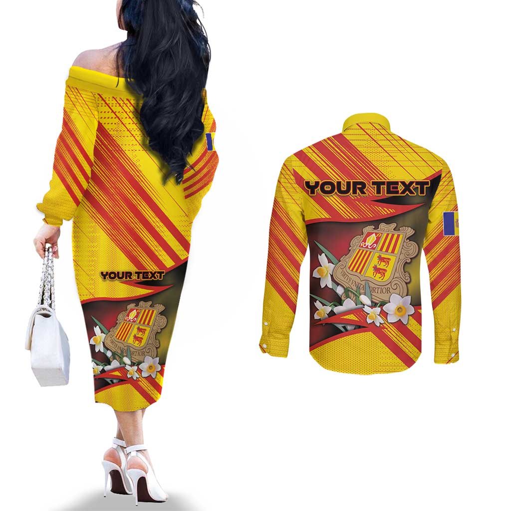 Personalized Andorra Couples Matching Off The Shoulder Long Sleeve Dress and Long Sleeve Button Shirt The Grandalla Flowers With Symbol - Wonder Print Shop