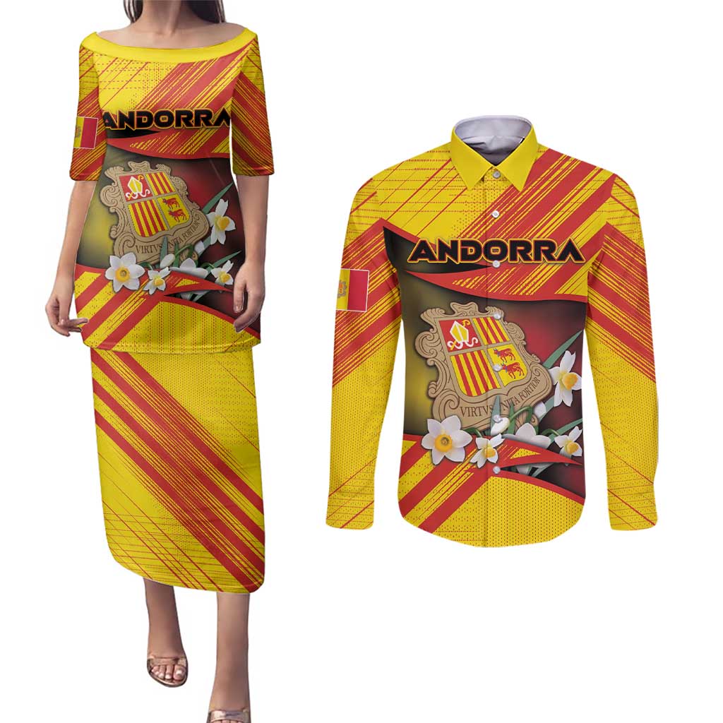 Personalized Andorra Couples Matching Puletasi and Long Sleeve Button Shirt The Grandalla Flowers With Symbol - Wonder Print Shop