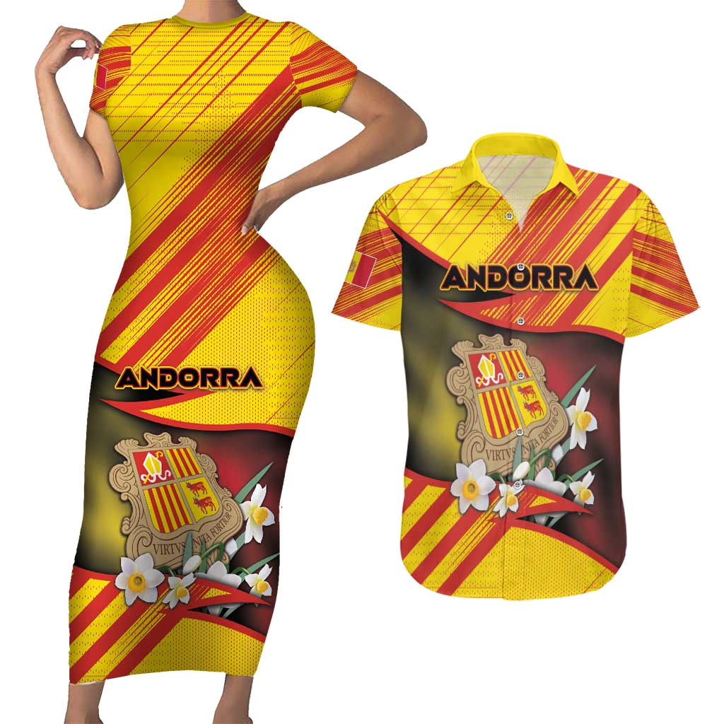 Personalized Andorra Couples Matching Short Sleeve Bodycon Dress and Hawaiian Shirt The Grandalla Flowers With Symbol - Wonder Print Shop