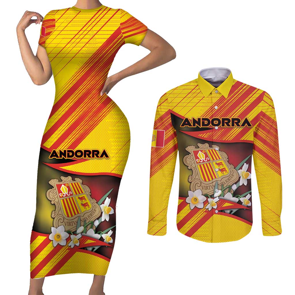 Personalized Andorra Couples Matching Short Sleeve Bodycon Dress and Long Sleeve Button Shirt The Grandalla Flowers With Symbol - Wonder Print Shop