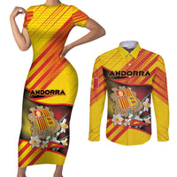 Personalized Andorra Couples Matching Short Sleeve Bodycon Dress and Long Sleeve Button Shirt The Grandalla Flowers With Symbol - Wonder Print Shop