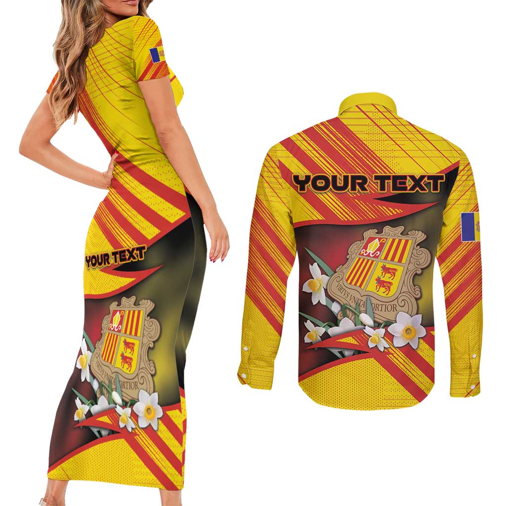 Personalized Andorra Couples Matching Short Sleeve Bodycon Dress and Long Sleeve Button Shirt The Grandalla Flowers With Symbol - Wonder Print Shop