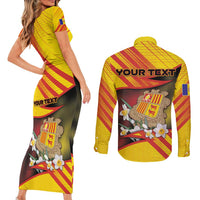 Personalized Andorra Couples Matching Short Sleeve Bodycon Dress and Long Sleeve Button Shirt The Grandalla Flowers With Symbol - Wonder Print Shop