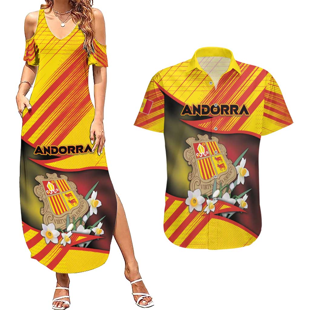 Personalized Andorra Couples Matching Summer Maxi Dress and Hawaiian Shirt The Grandalla Flowers With Symbol - Wonder Print Shop