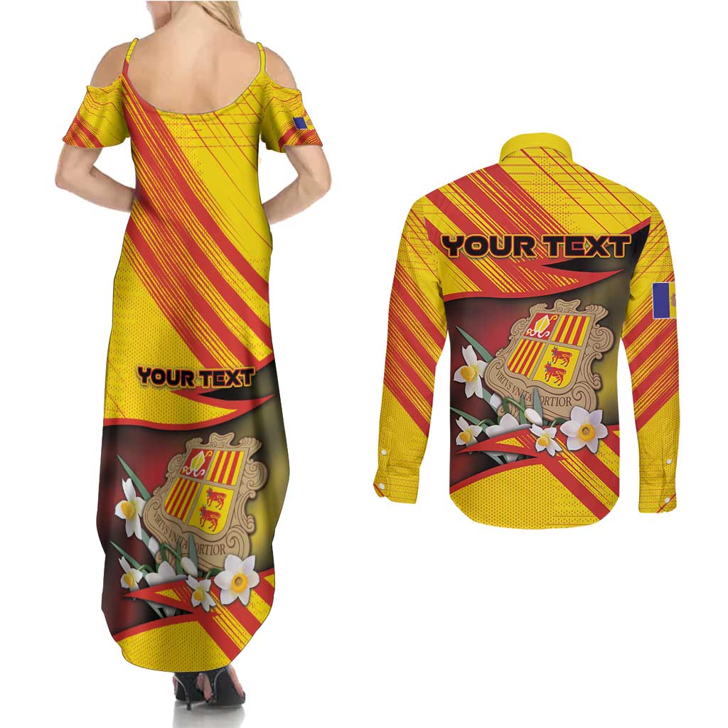 Personalized Andorra Couples Matching Summer Maxi Dress and Long Sleeve Button Shirt The Grandalla Flowers With Symbol - Wonder Print Shop