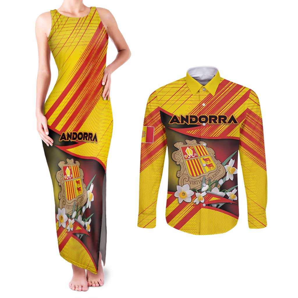 Personalized Andorra Couples Matching Tank Maxi Dress and Long Sleeve Button Shirt The Grandalla Flowers With Symbol - Wonder Print Shop