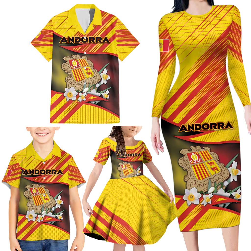 Personalized Andorra Family Matching Long Sleeve Bodycon Dress and Hawaiian Shirt The Grandalla Flowers With Symbol - Wonder Print Shop