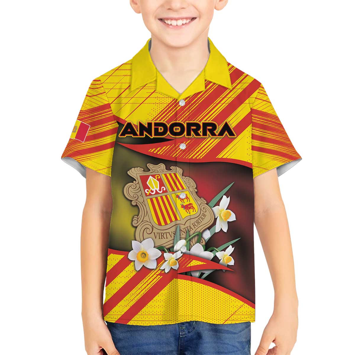 Personalized Andorra Family Matching Off The Shoulder Long Sleeve Dress and Hawaiian Shirt The Grandalla Flowers With Symbol - Wonder Print Shop