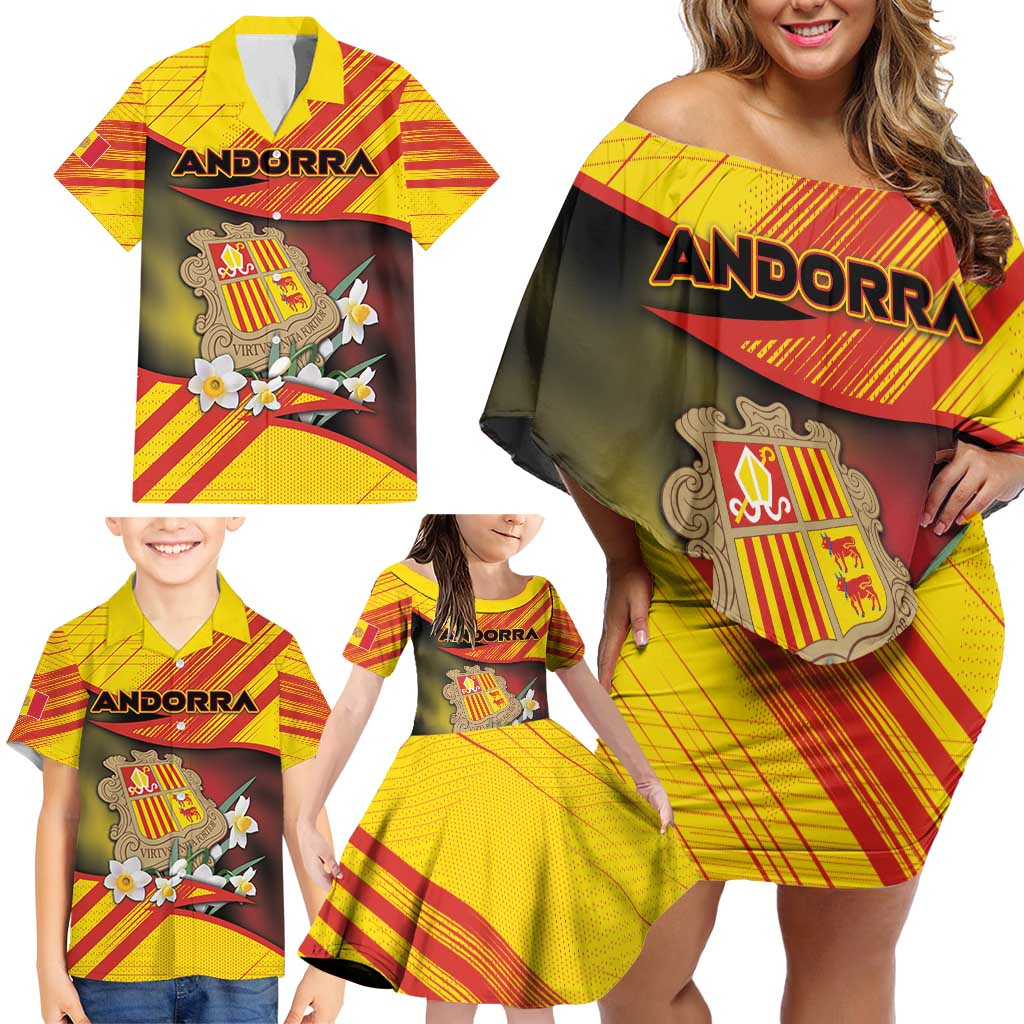 Personalized Andorra Family Matching Off Shoulder Short Dress and Hawaiian Shirt The Grandalla Flowers With Symbol - Wonder Print Shop