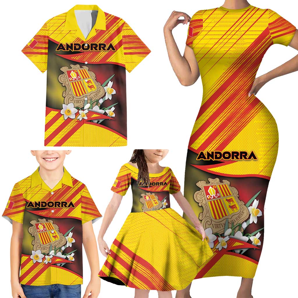 Personalized Andorra Family Matching Short Sleeve Bodycon Dress and Hawaiian Shirt The Grandalla Flowers With Symbol - Wonder Print Shop