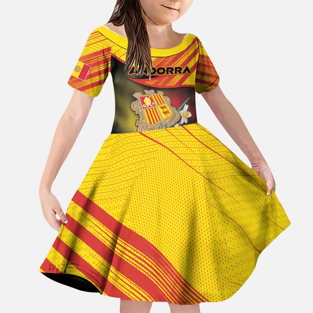 Personalized Andorra Kid Short Sleeve Dress The Grandalla Flowers With Symbol - Wonder Print Shop