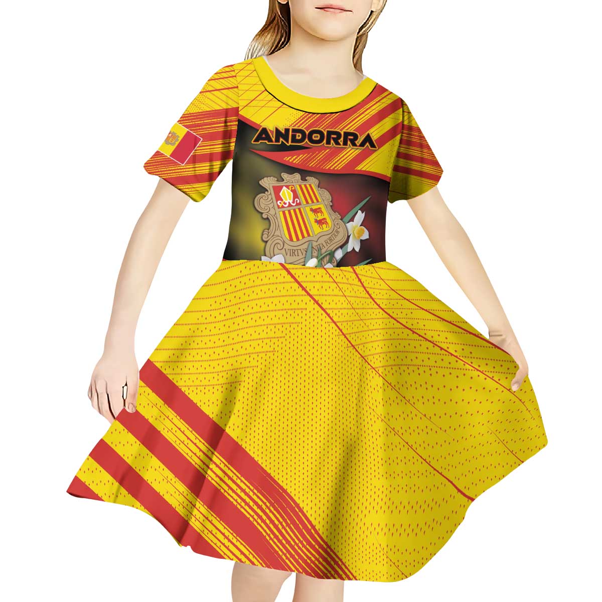 Personalized Andorra Kid Short Sleeve Dress The Grandalla Flowers With Symbol - Wonder Print Shop