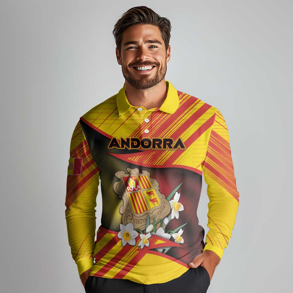 Personalized Andorra Long Sleeve Polo Shirt The Grandalla Flowers With Symbol - Wonder Print Shop
