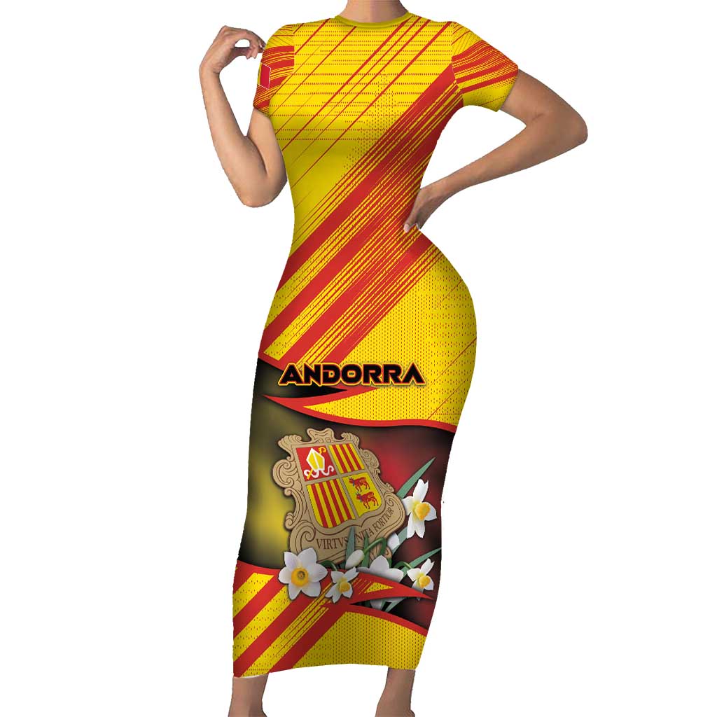 Personalized Andorra Short Sleeve Bodycon Dress The Grandalla Flowers With Symbol - Wonder Print Shop