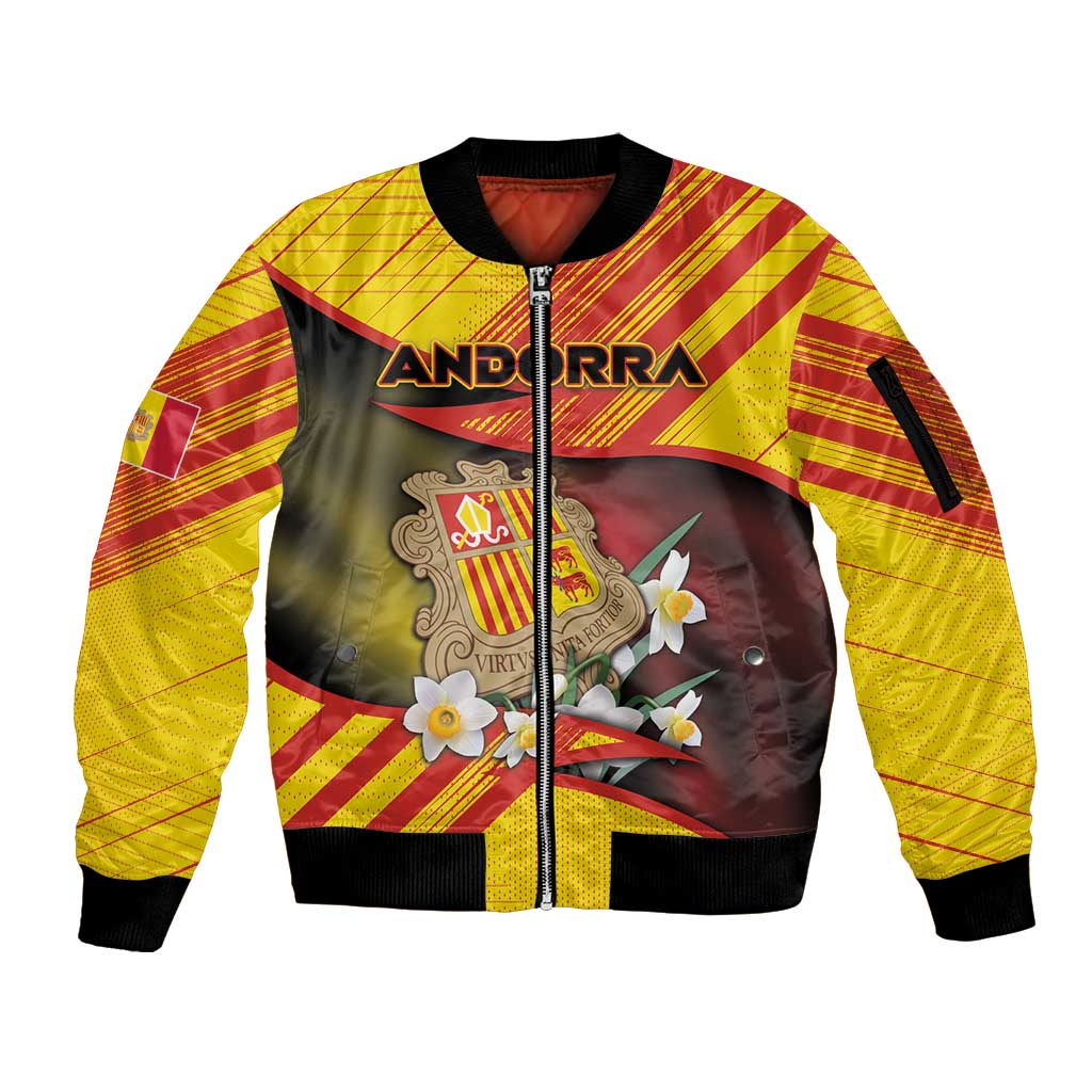 Personalized Andorra Sleeve Zip Bomber Jacket The Grandalla Flowers With Symbol - Wonder Print Shop