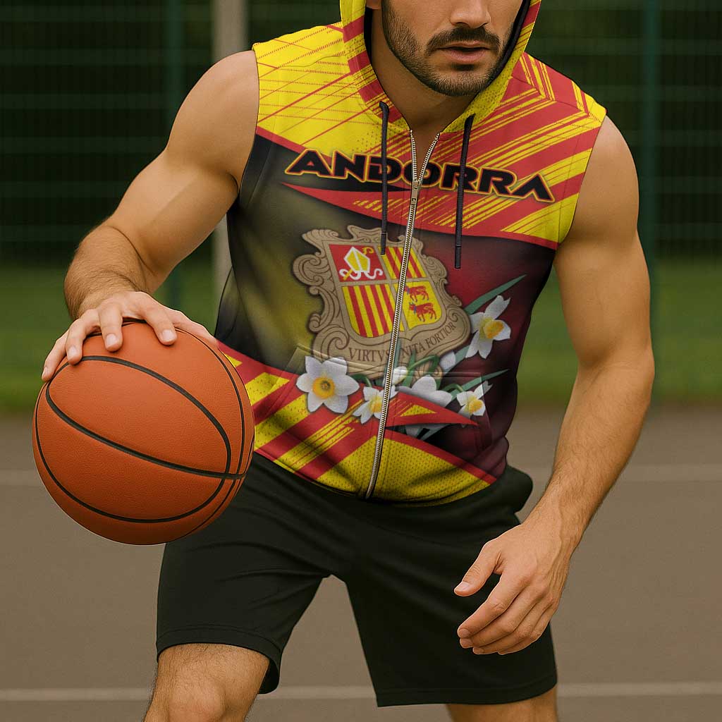 Personalized Andorra Sleeveless Zip Hoodie The Grandalla Flowers With Symbol - Wonder Print Shop