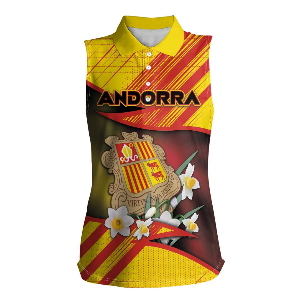 Personalized Andorra Women Sleeveless Polo Shirt The Grandalla Flowers With Symbol - Wonder Print Shop