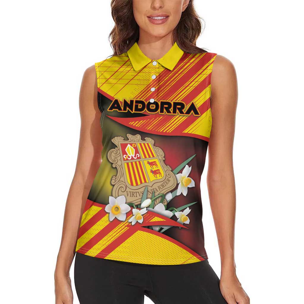 Personalized Andorra Women Sleeveless Polo Shirt The Grandalla Flowers With Symbol - Wonder Print Shop