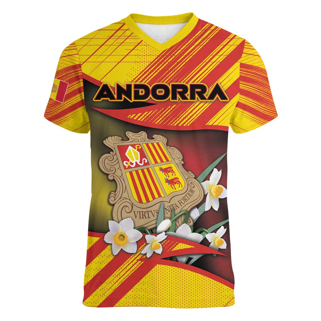 Personalized Andorra Women V-Neck T-Shirt The Grandalla Flowers With Symbol - Wonder Print Shop