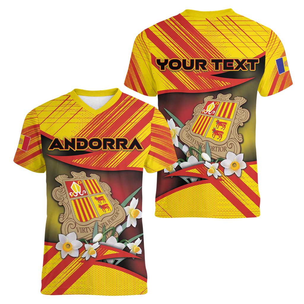 Personalized Andorra Women V-Neck T-Shirt The Grandalla Flowers With Symbol - Wonder Print Shop