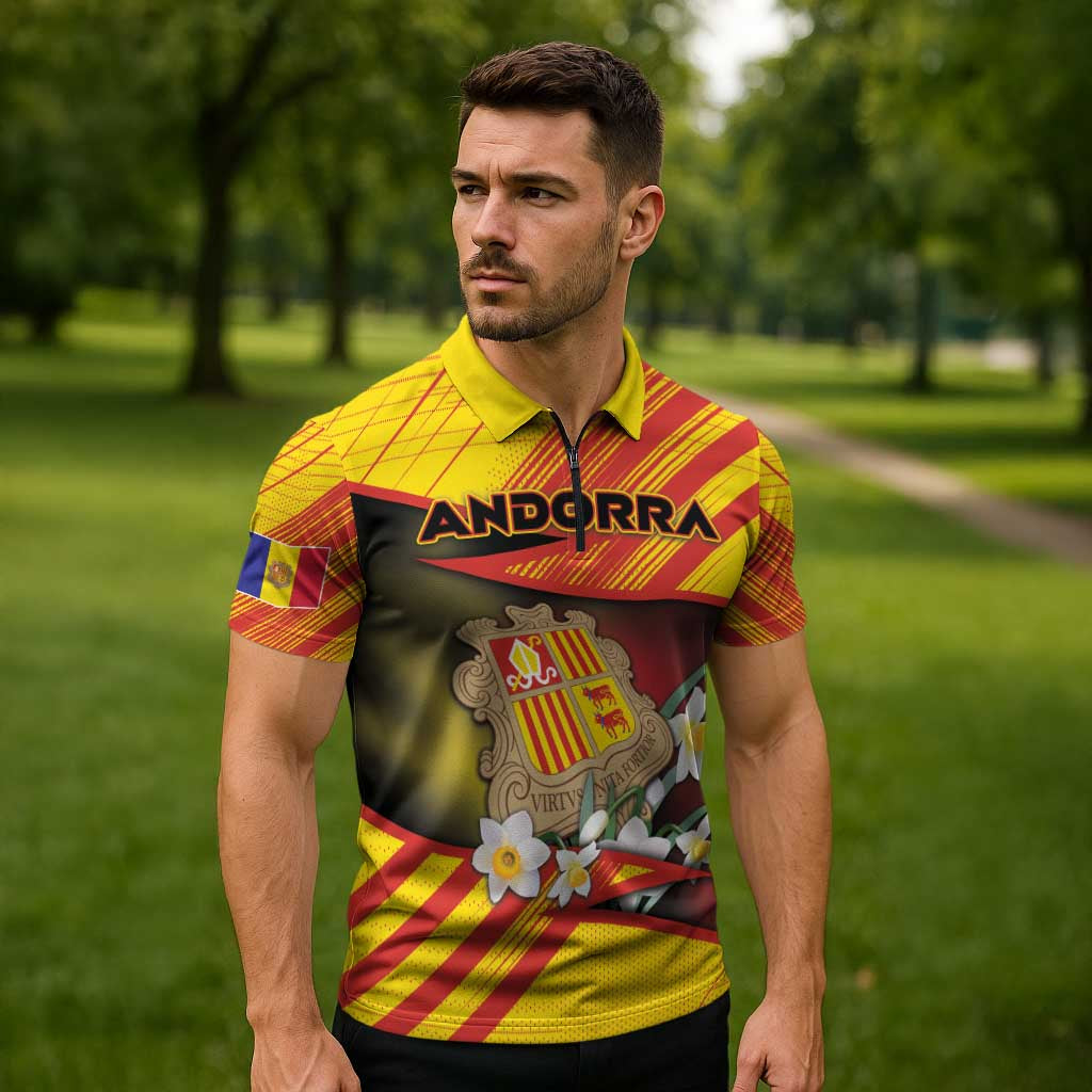 Personalized Andorra Zipper Polo Shirt The Grandalla Flowers With Symbol - Wonder Print Shop