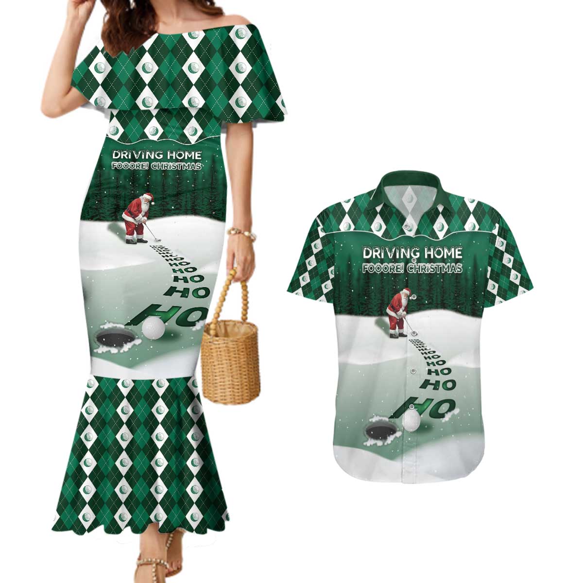 Golf Christmas Couples Matching Mermaid Dress and Hawaiian Shirt Driving Home Fooore Xmas - Wonder Print Shop