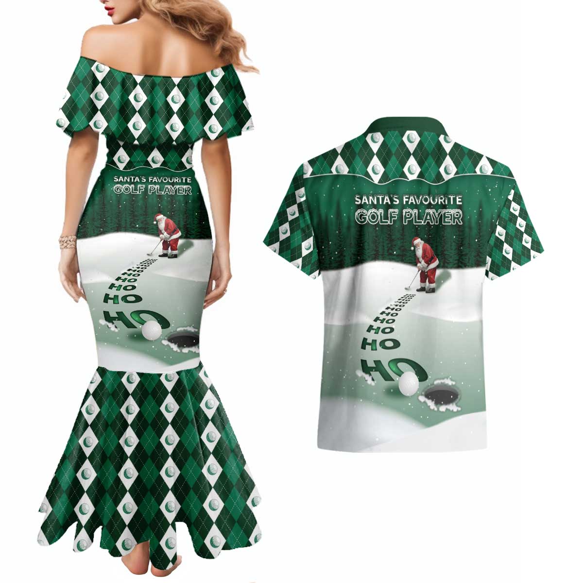 Golf Christmas Couples Matching Mermaid Dress and Hawaiian Shirt Driving Home Fooore Xmas - Wonder Print Shop