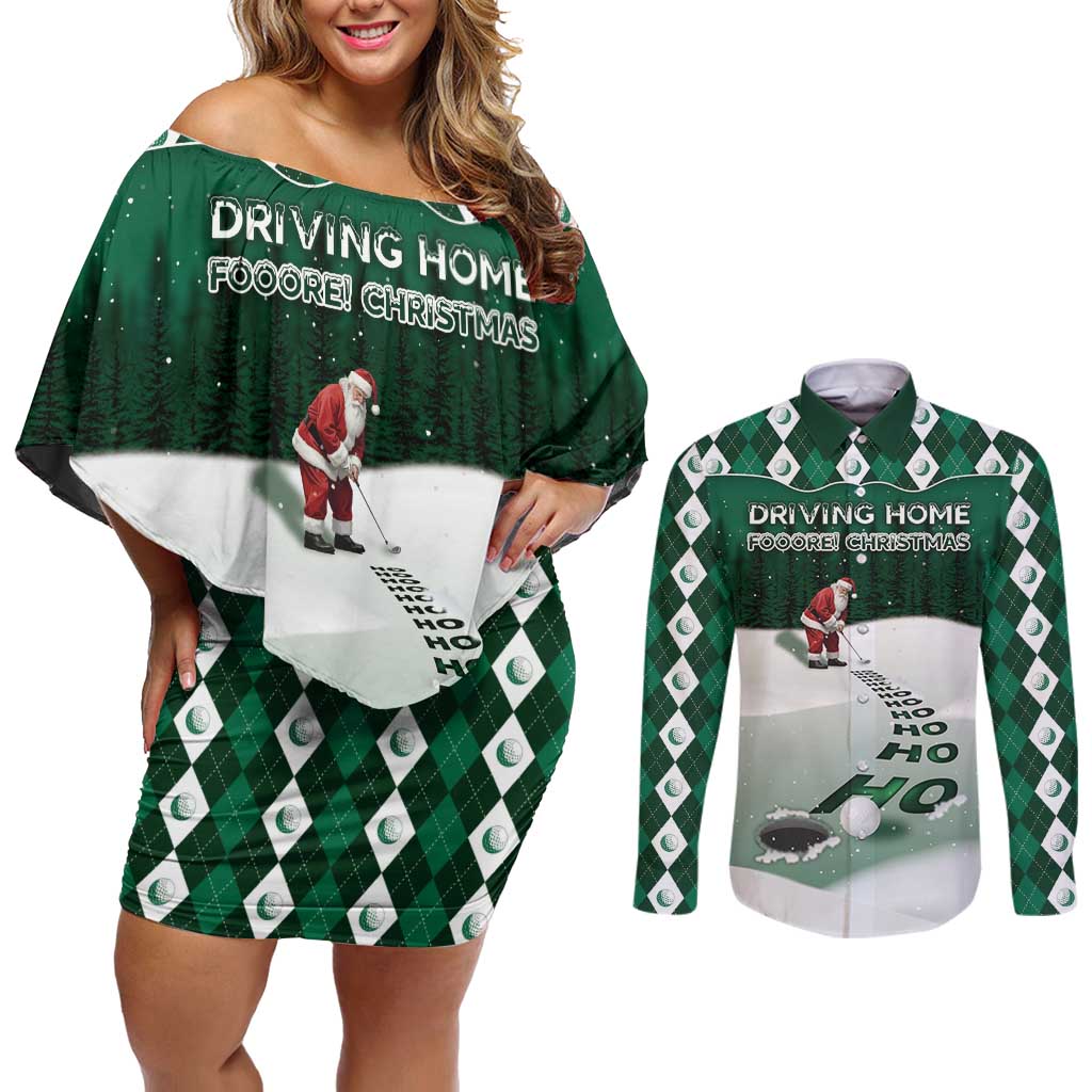 Golf Christmas Couples Matching Off Shoulder Short Dress and Long Sleeve Button Shirt Driving Home Fooore Xmas - Wonder Print Shop