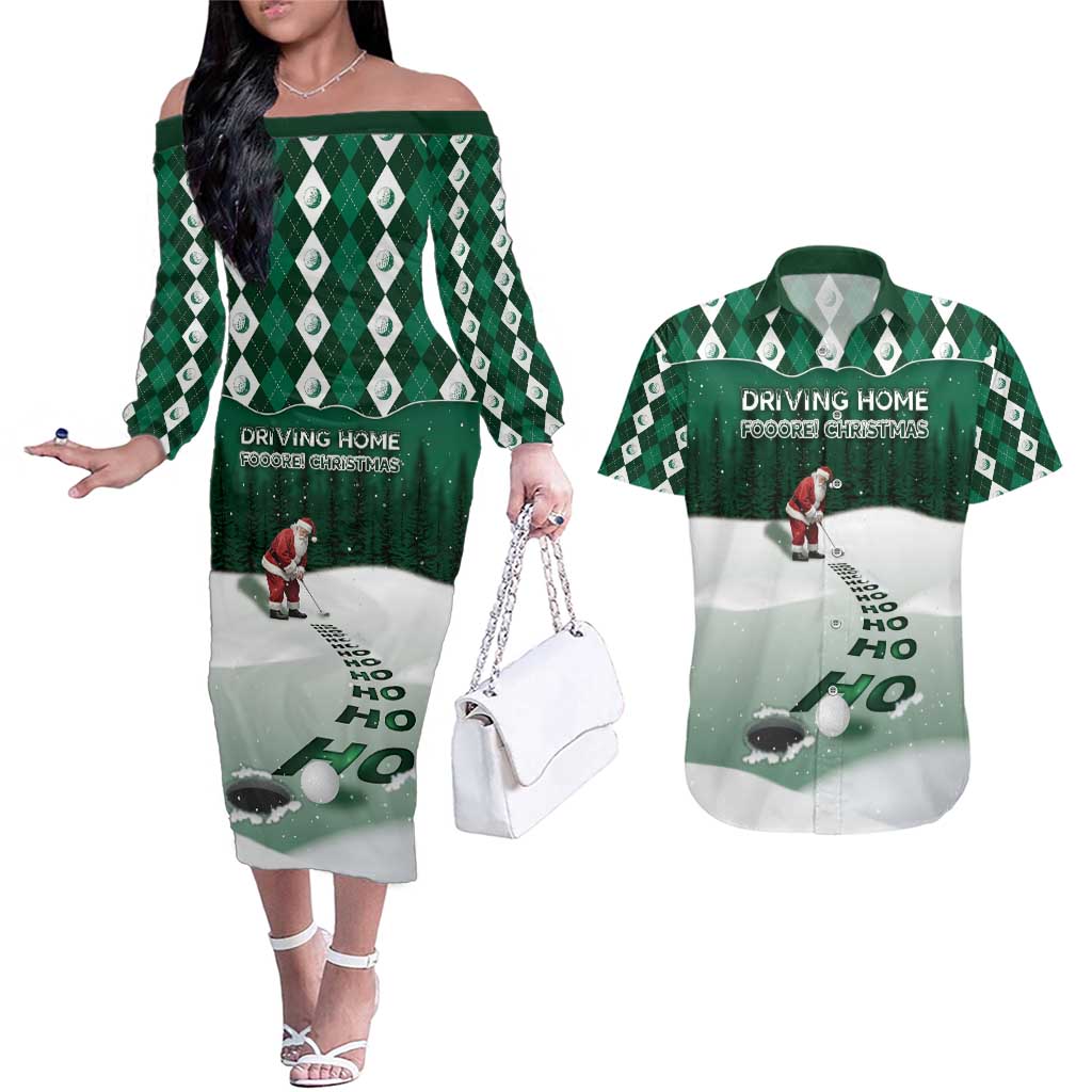 Golf Christmas Couples Matching Off The Shoulder Long Sleeve Dress and Hawaiian Shirt Driving Home Fooore Xmas - Wonder Print Shop