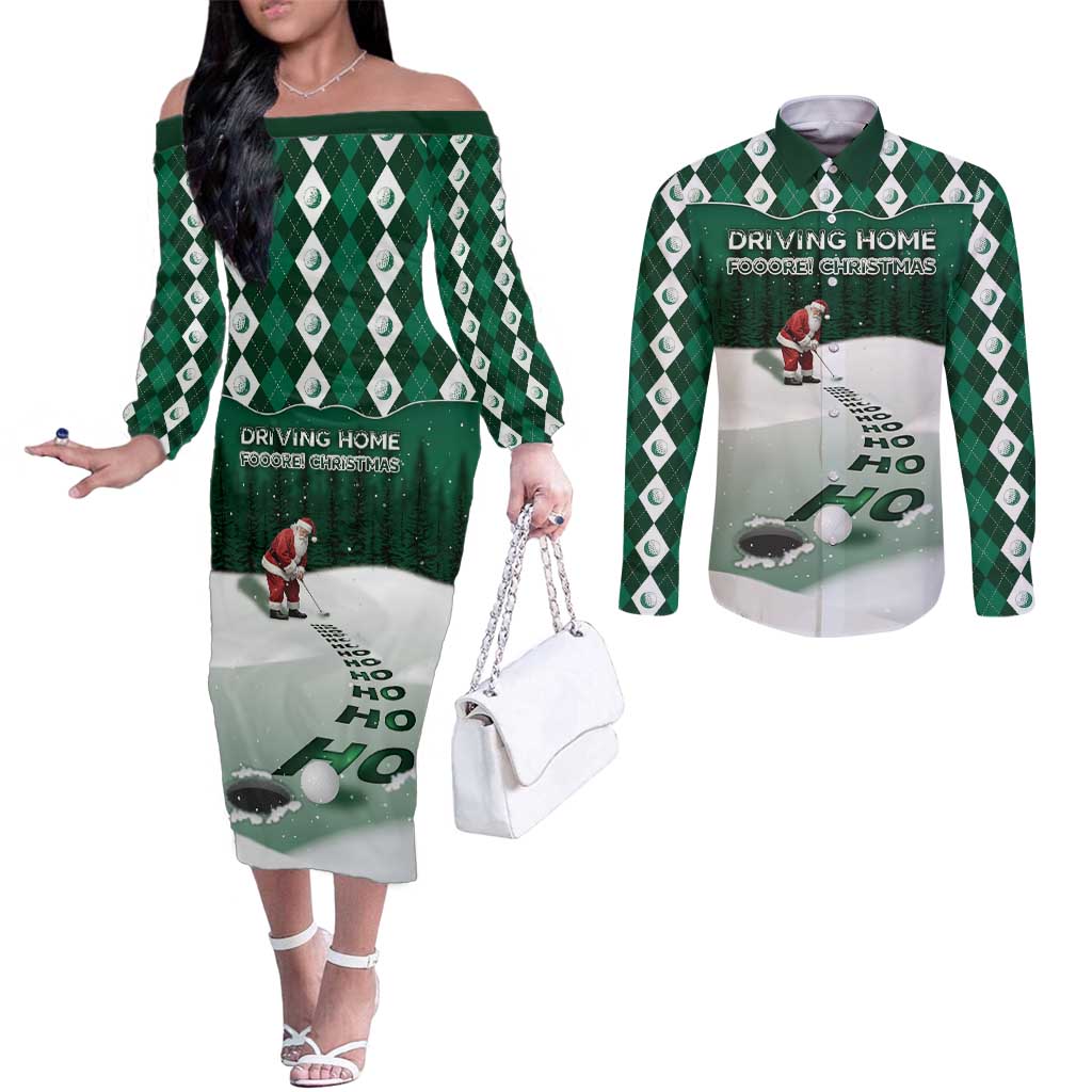 Golf Christmas Couples Matching Off The Shoulder Long Sleeve Dress and Long Sleeve Button Shirt Driving Home Fooore Xmas - Wonder Print Shop