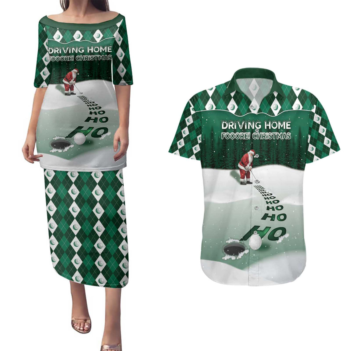 Golf Christmas Couples Matching Puletasi and Hawaiian Shirt Driving Home Fooore Xmas - Wonder Print Shop