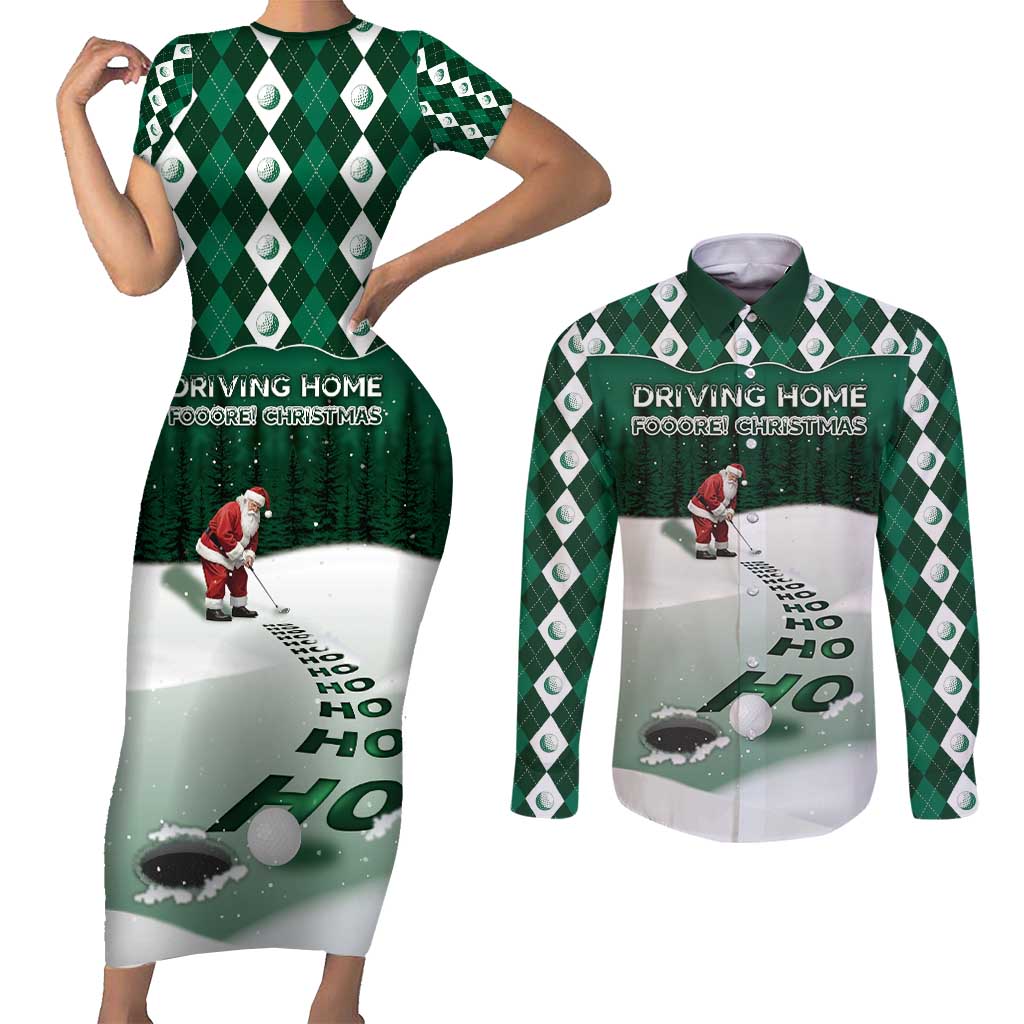 Golf Christmas Couples Matching Short Sleeve Bodycon Dress and Long Sleeve Button Shirt Driving Home Fooore Xmas - Wonder Print Shop