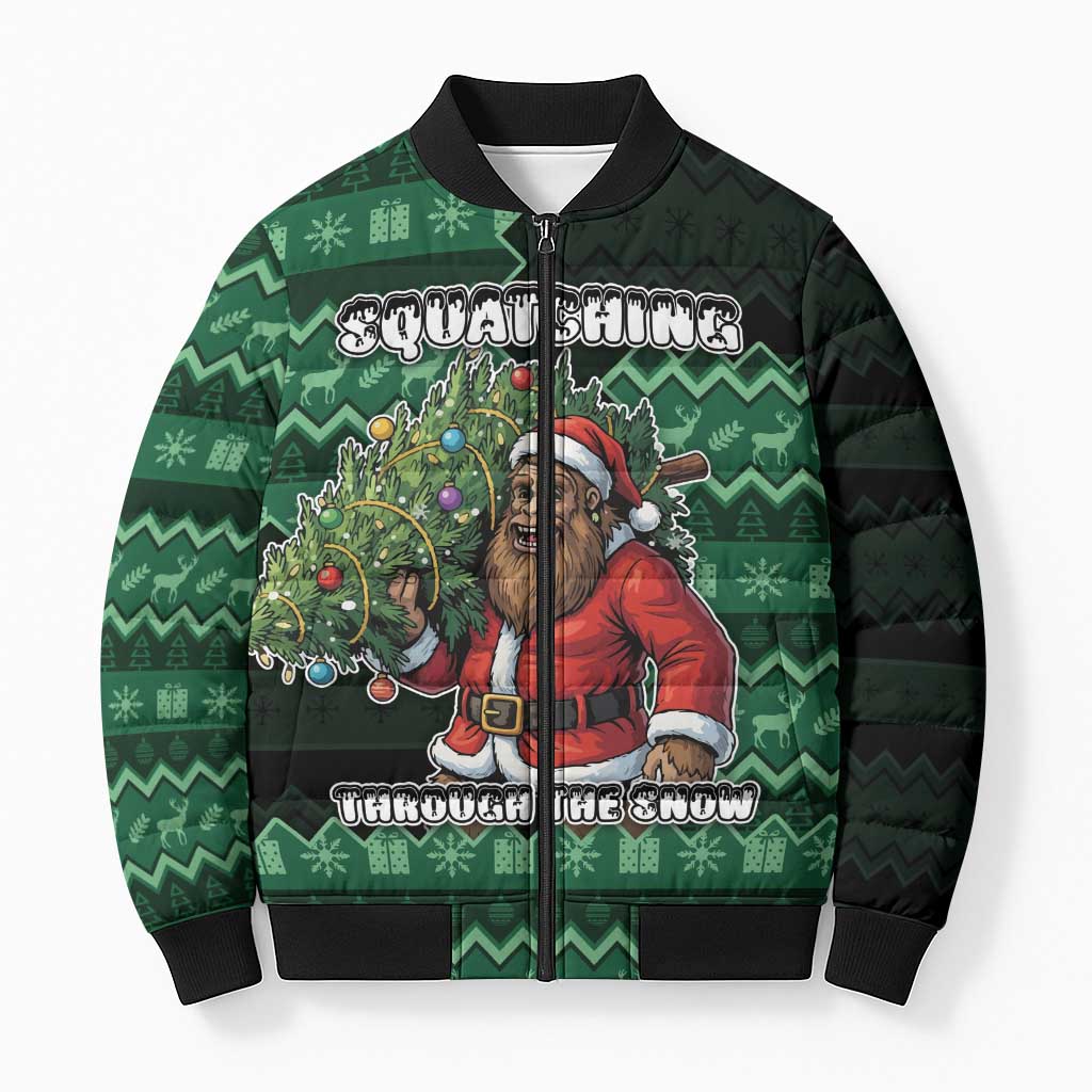 Bigfoot Christmas Bomber Puffer Jacket Squatching Through The Snow - Wonder Print Shop