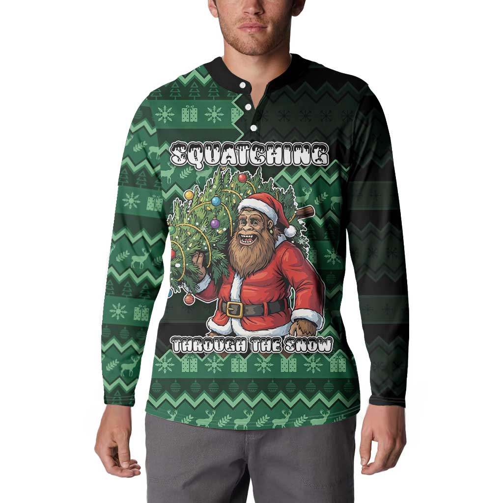 Bigfoot Christmas Button Sweatshirt Squatching Through The Snow - Wonder Print Shop