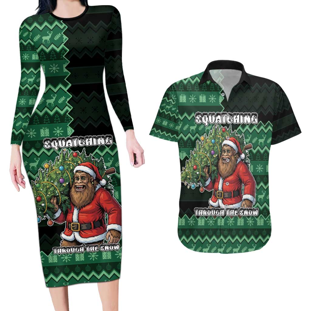 Bigfoot Christmas Couples Matching Long Sleeve Bodycon Dress and Hawaiian Shirt Squatching Through The Snow - Wonder Print Shop