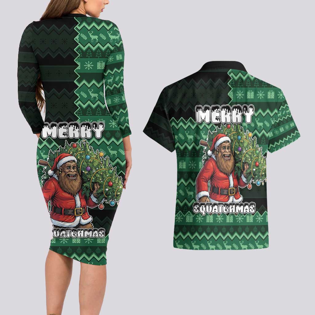 Bigfoot Christmas Couples Matching Long Sleeve Bodycon Dress and Hawaiian Shirt Squatching Through The Snow - Wonder Print Shop