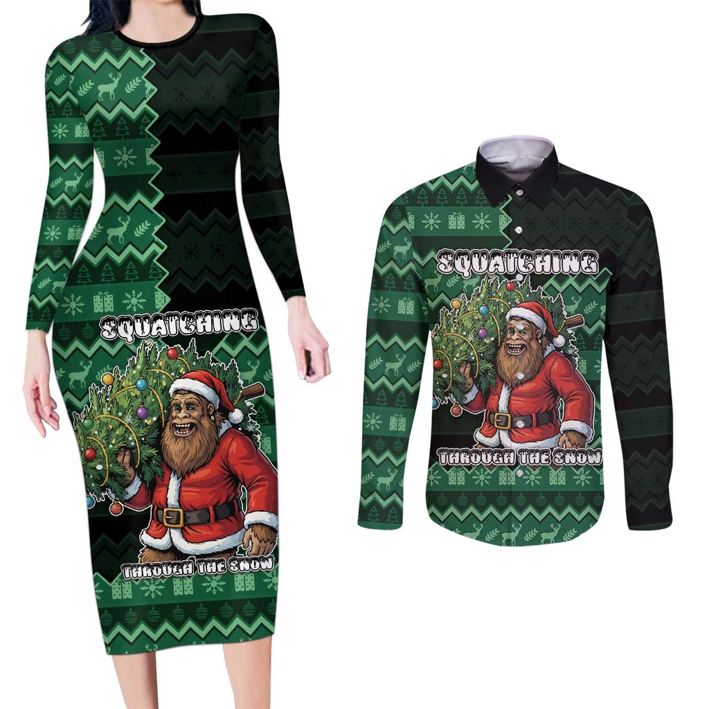 Bigfoot Christmas Couples Matching Long Sleeve Bodycon Dress and Long Sleeve Button Shirt Squatching Through The Snow - Wonder Print Shop